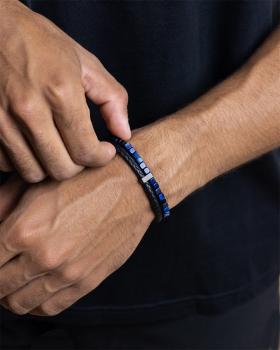 Preview: Doppeltes Armband mit schwarzem italienischem Leder und blauem Tigerauge-Stein - Double Night